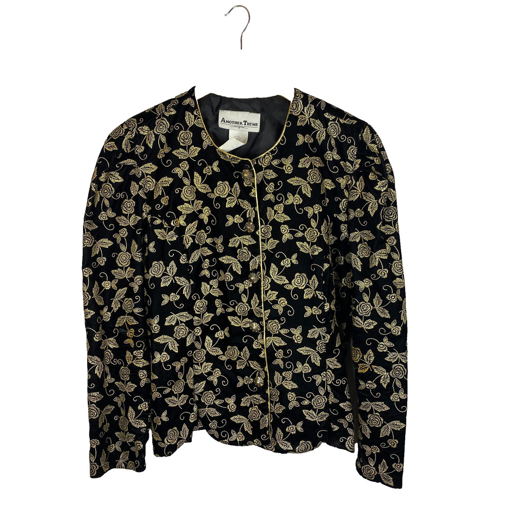 Vtg. 90s 80s Another Thyme Blazer Sz L Velvet Black Gold Floral Embroidered